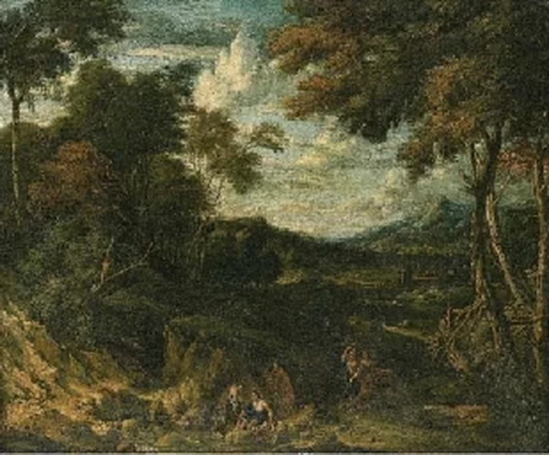 Un paesaggio boscoso con figure classiche su un sentiero e vicino a un ruscello